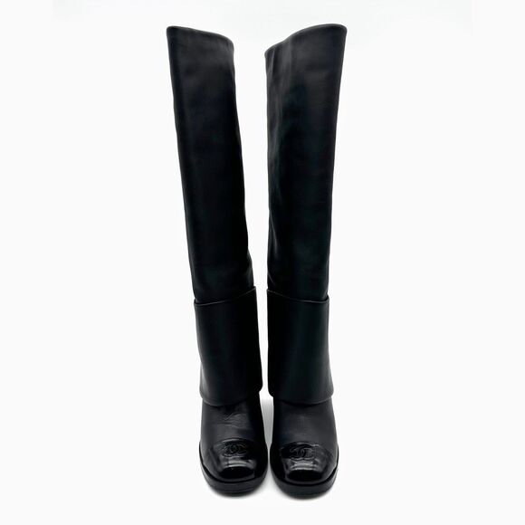 CHANEL Black CC Logo Tall Heeled Boots Size 37 Cap Toe Leather Fold Over - Picture 6 of 10